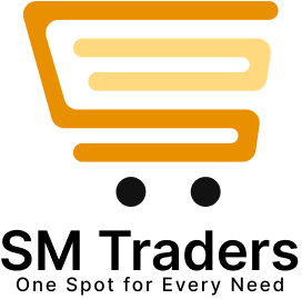 Logo of SM Traders with a shopping cart icon on a white background
